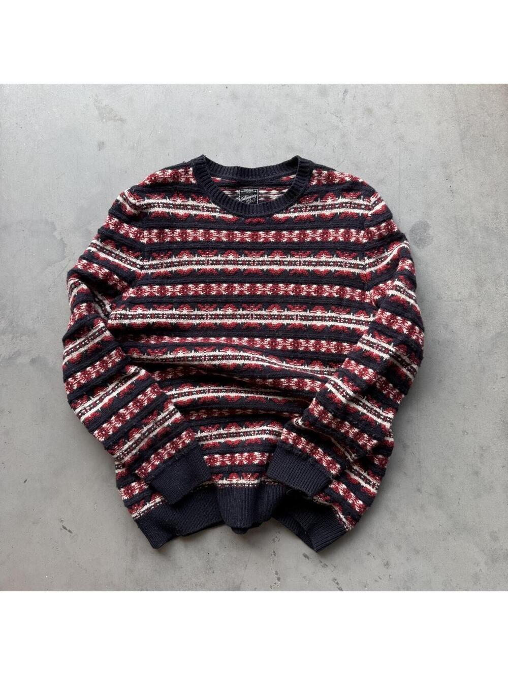 y2k Selected Wool Knit Sweater with red, white, and dark blue geometric pattern